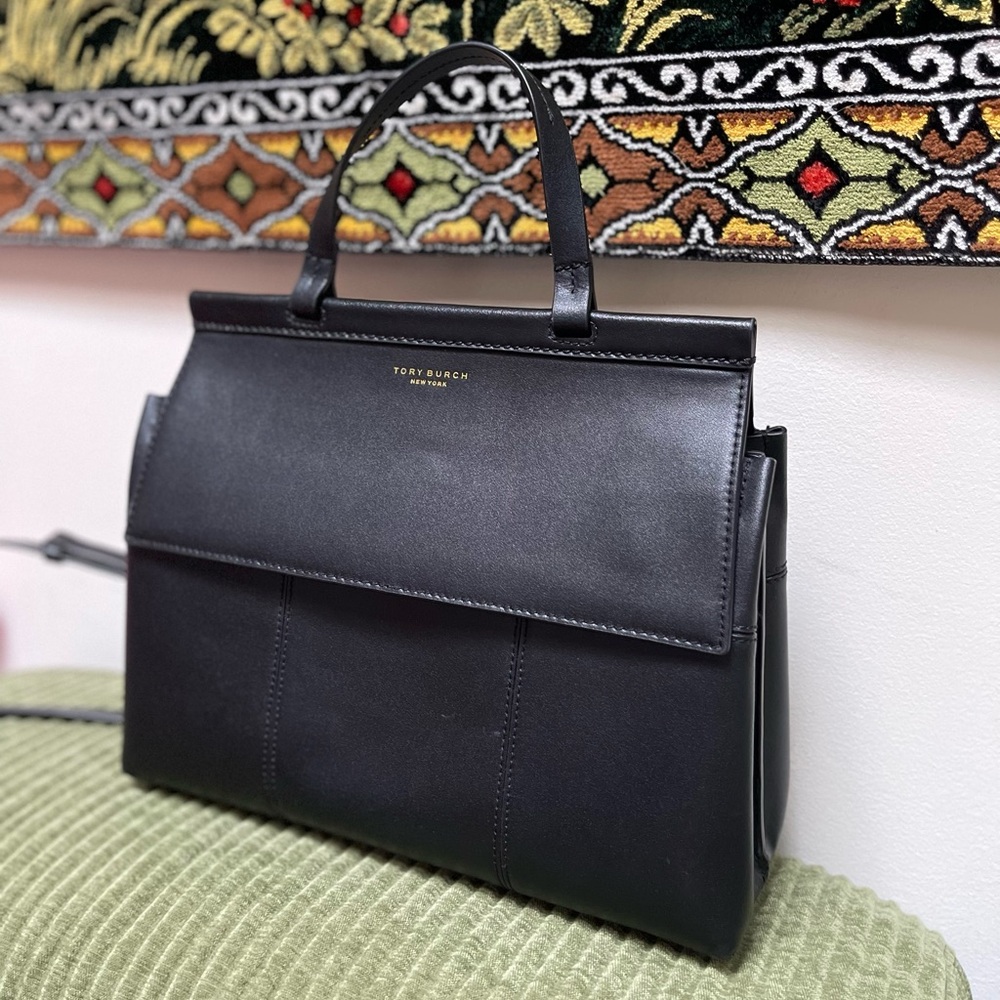 Tory Burch T Black Leather Crossbody handbag briefcase satchel T block authentic